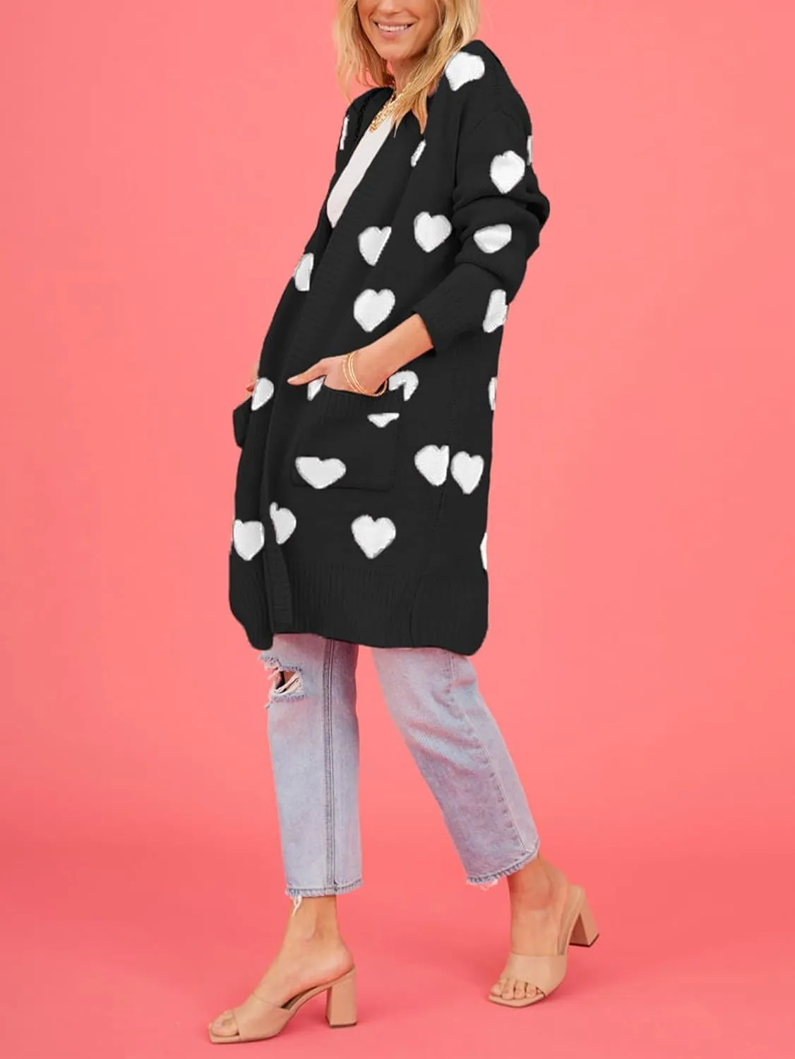 HOULENGS Women's Spring Cute Heart Long Cardigan Sweater V Neck Open Front Ribbed Knit Sweater Coats with Pockets