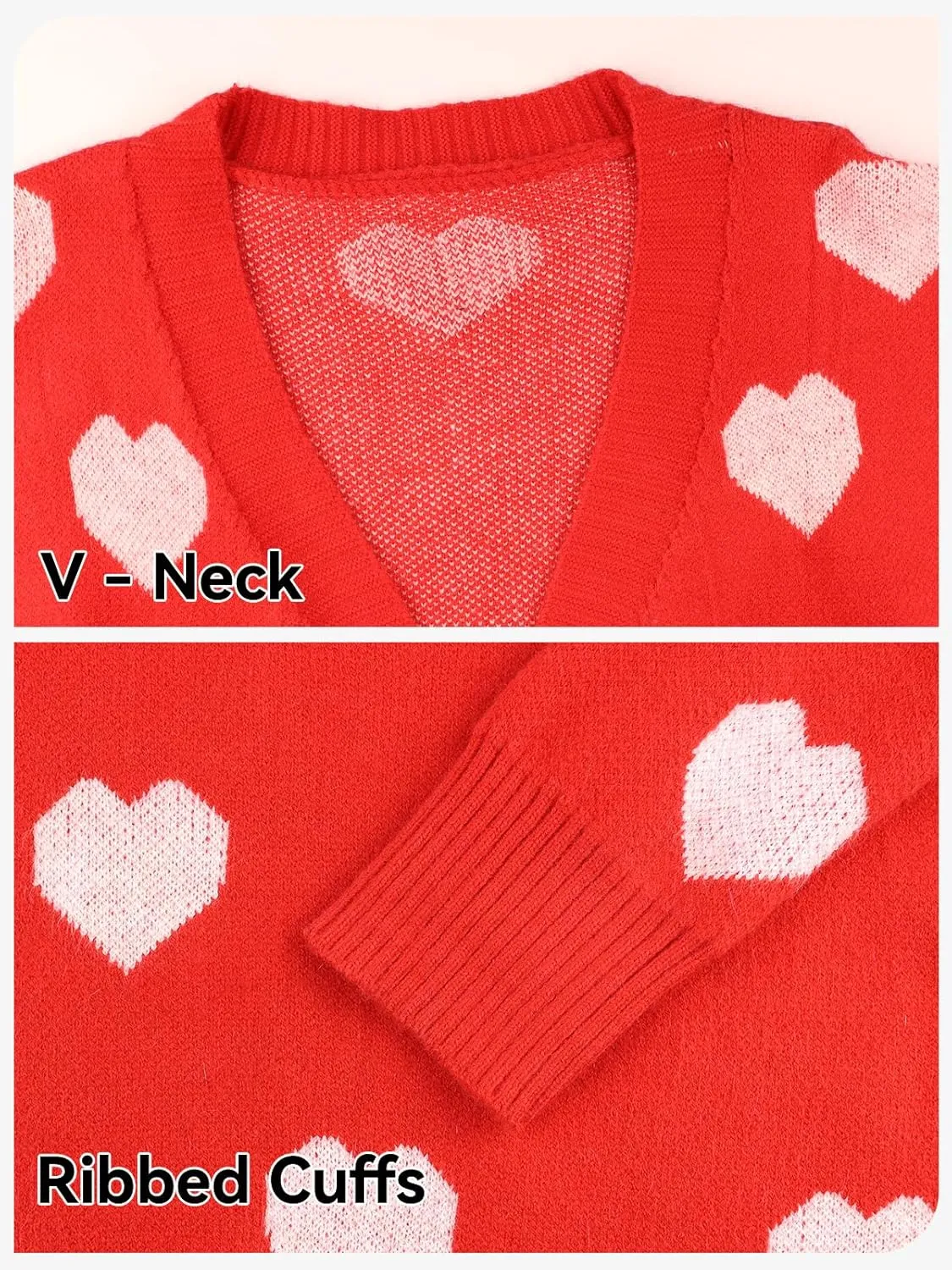 HOULENGS Women's Spring Cute Heart Long Cardigan Sweater V Neck Open Front Ribbed Knit Sweater Coats with Pockets