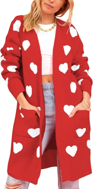 HOULENGS Women's Spring Cute Heart Long Cardigan Sweater V Neck Open Front Ribbed Knit Sweater Coats with Pockets