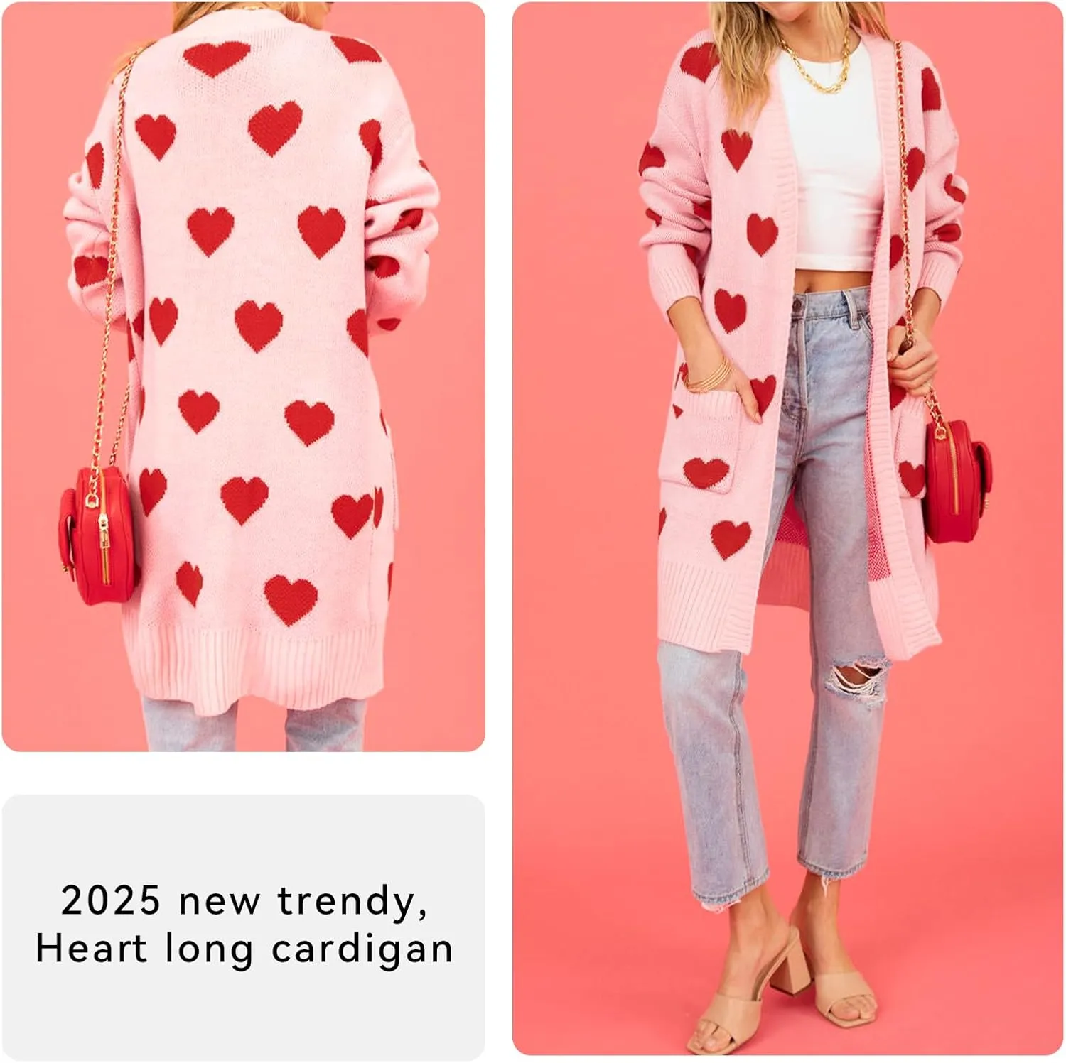 HOULENGS Women's Spring Cute Heart Long Cardigan Sweater V Neck Open Front Ribbed Knit Sweater Coats with Pockets