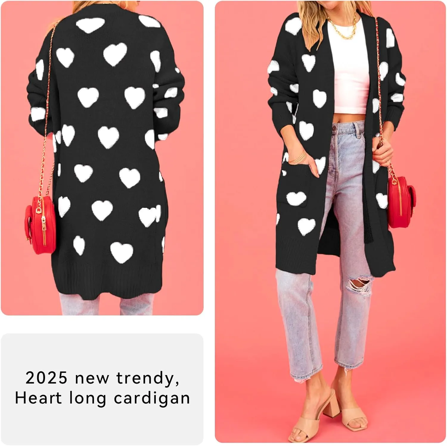 HOULENGS Women's Spring Cute Heart Long Cardigan Sweater V Neck Open Front Ribbed Knit Sweater Coats with Pockets