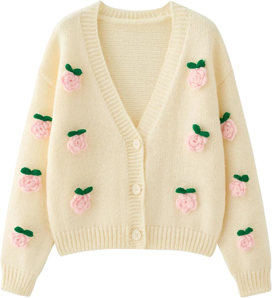 HOULENGS Women's Strawberry Print Button Down Long Sleeve V Neck Crop Cardigan Sweater