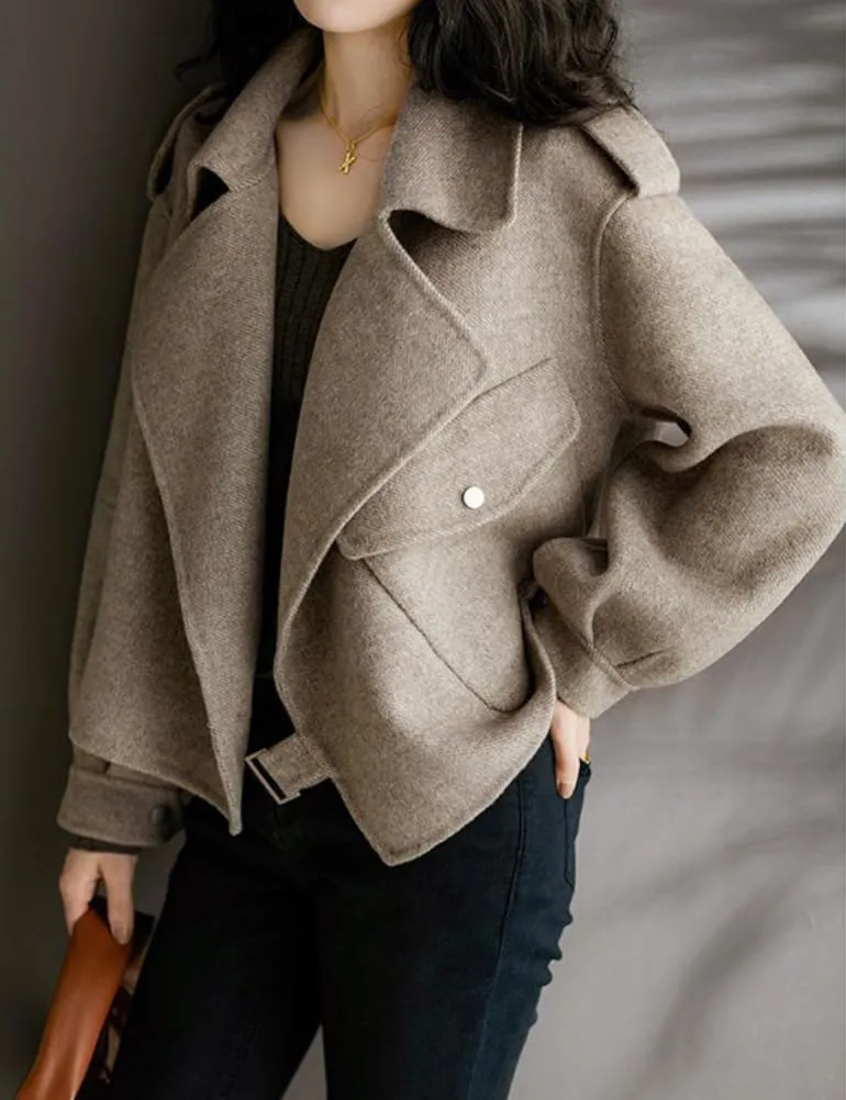 IDEALSANXUN Cropped Wool Trench Coats for Women 2024 Fall Winter Crop Tweed Peacoat Wool Blazer Jacket Overcoat