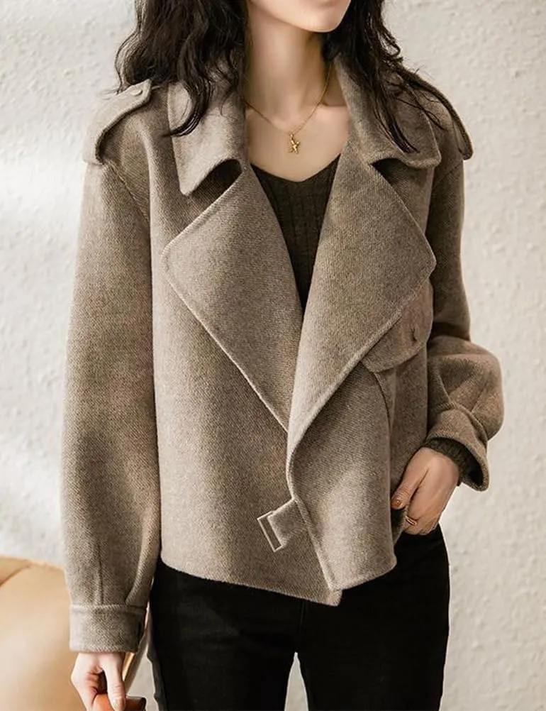 IDEALSANXUN Cropped Wool Trench Coats for Women 2024 Fall Winter Crop Tweed Peacoat Wool Blazer Jacket Overcoat