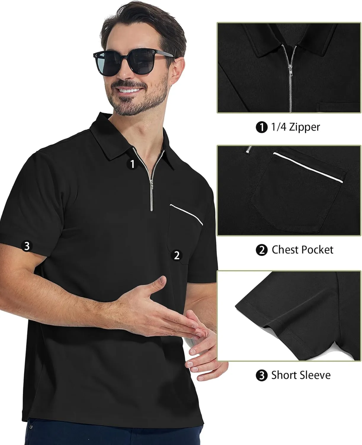 JACKETOWN 3 Pack Polo Shirt for Men Quarter Zip Polo T Shirt Casual Short Sleeve Collared Shirts with Pocket