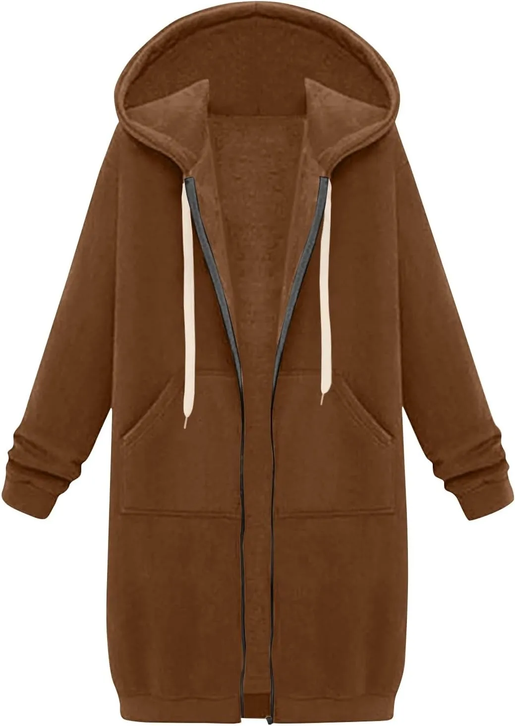 Jackets for Women Casual Zip Up Long Tunic Hoodies Winter Windproof Drawstring Hooded Jacket Outerwear with Pockets