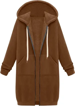 Jackets for Women Casual Zip Up Long Tunic Hoodies Winter Windproof Drawstring Hooded Jacket Outerwear with Pockets