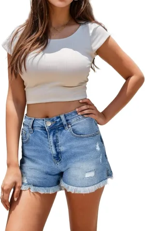 Jean Shorts Women High Waisted Stretchy Ripped Frayed Raw Hem Summer Denim Shorts