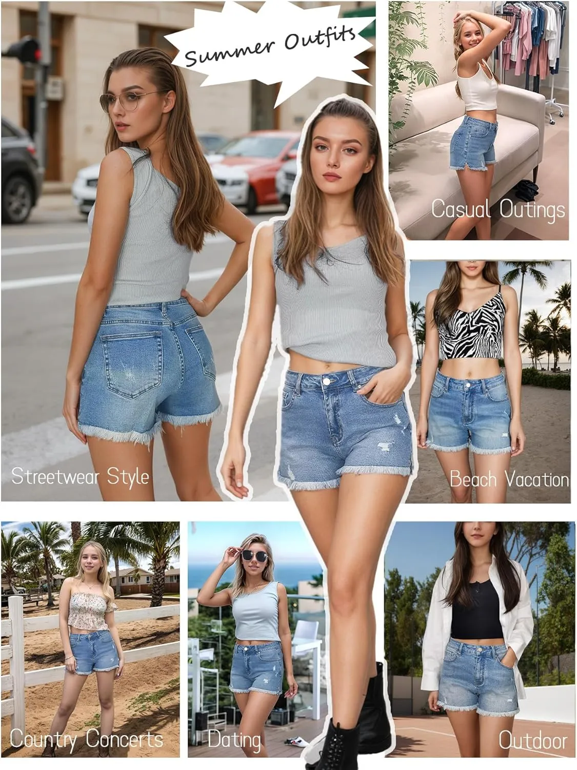 Jean Shorts Women High Waisted Stretchy Ripped Frayed Raw Hem Summer Denim Shorts