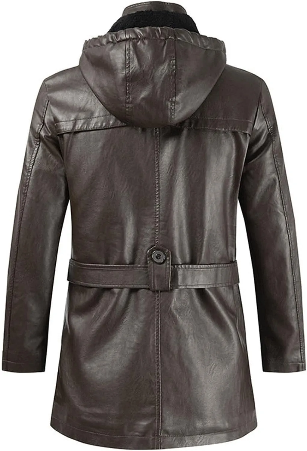 JEsilunmaMY Men's PU Leather Hooded Trench Coat Mid Length Belt Motorcycle Jacket Plus Size Fall Winter Bomber Windbreaker
