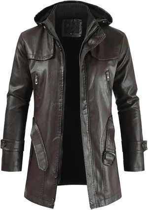 JEsilunmaMY Men's PU Leather Hooded Trench Coat Mid Length Belt Motorcycle Jacket Plus Size Fall Winter Bomber Windbreaker