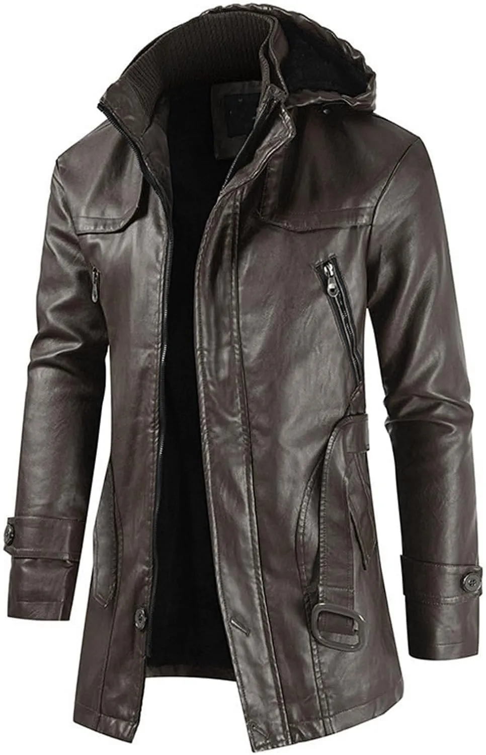 JEsilunmaMY Men's PU Leather Hooded Trench Coat Mid Length Belt Motorcycle Jacket Plus Size Fall Winter Bomber Windbreaker