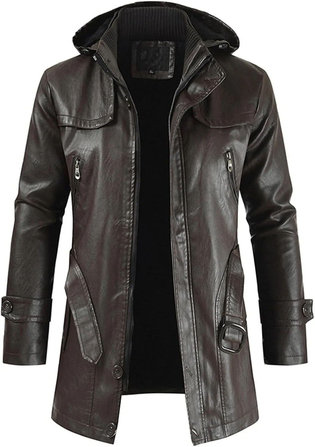 JEsilunmaMY Men's PU Leather Hooded Trench Coat Mid Length Belt Motorcycle Jacket Plus Size Fall Winter Bomber Windbreaker