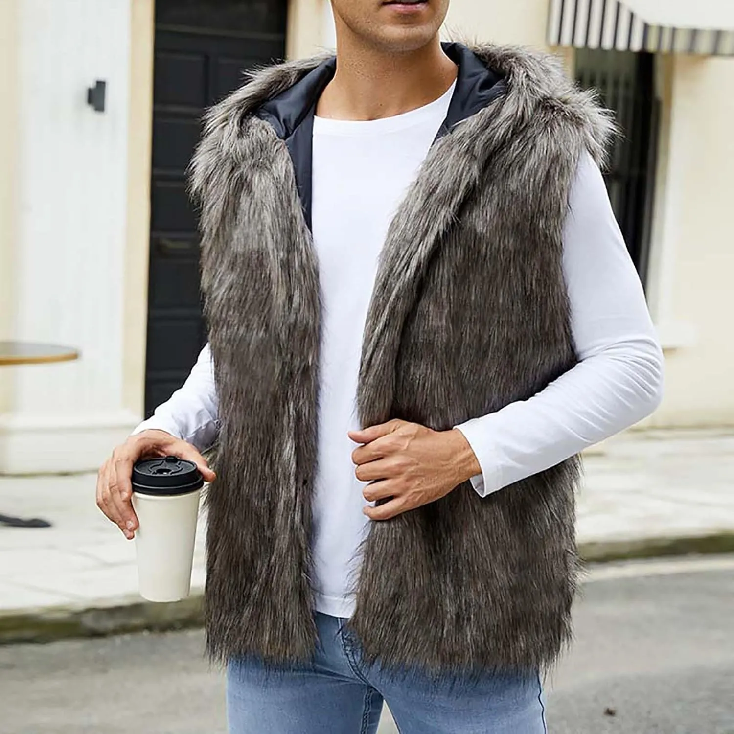 jsaierl Faux Fur Gilet Men Luxury Faux Fur Hoodie Coats Sleeveless Thick Jacket Soft Warm Fluffy Waistcoats Vest with Hood