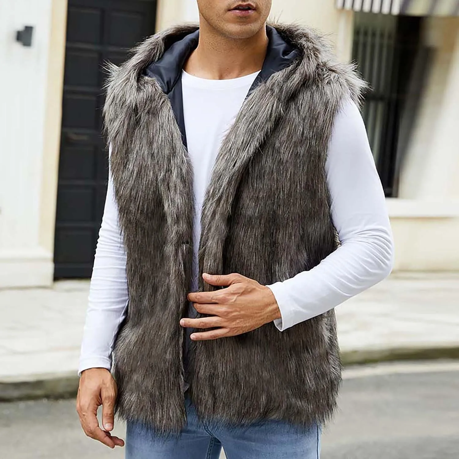 jsaierl Faux Fur Gilet Men Luxury Faux Fur Hoodie Coats Sleeveless Thick Jacket Soft Warm Fluffy Waistcoats Vest with Hood