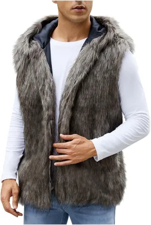 jsaierl Faux Fur Gilet Men Luxury Faux Fur Hoodie Coats Sleeveless Thick Jacket Soft Warm Fluffy Waistcoats Vest with Hood
