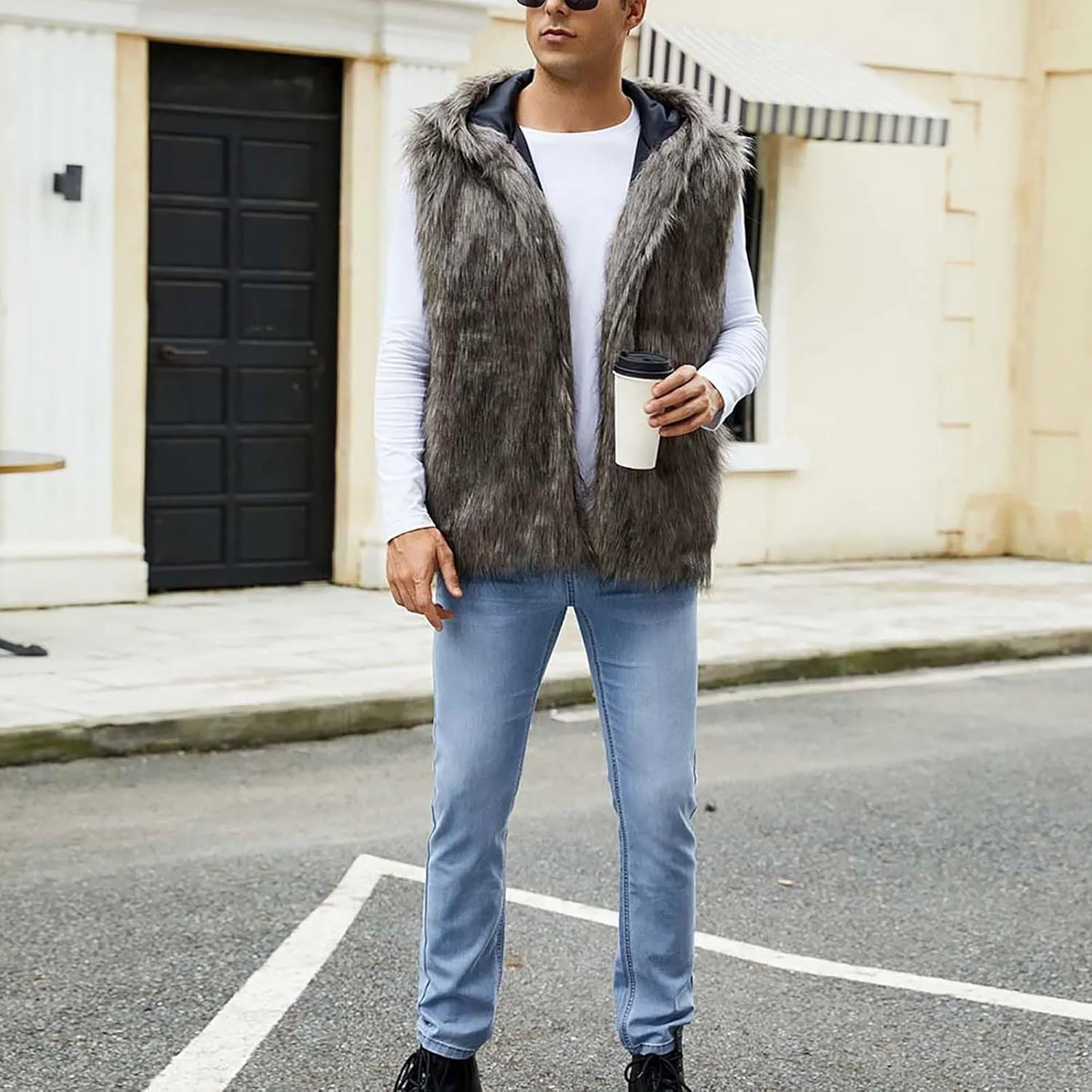 jsaierl Faux Fur Gilet Men Luxury Faux Fur Hoodie Coats Sleeveless Thick Jacket Soft Warm Fluffy Waistcoats Vest with Hood