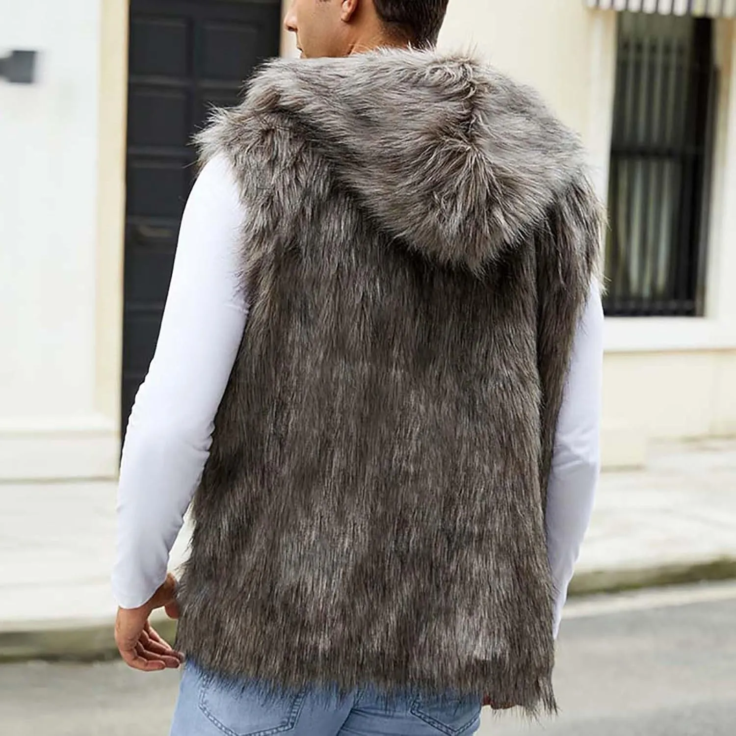 jsaierl Faux Fur Gilet Men Luxury Faux Fur Hoodie Coats Sleeveless Thick Jacket Soft Warm Fluffy Waistcoats Vest with Hood