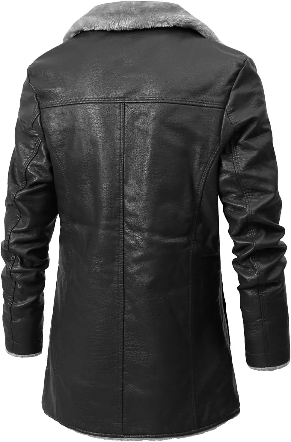 jsaierl Men's Faux Leather Jacket Fleece Sherpa Lined Trench Coats Lapel Long Jackets Single Breasted Warm Overcoat Casual