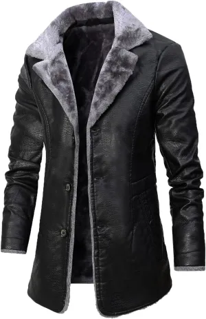 jsaierl Men's Faux Leather Jacket Fleece Sherpa Lined Trench Coats Lapel Long Jackets Single Breasted Warm Overcoat Casual