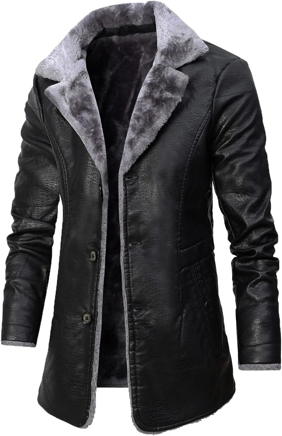 jsaierl Men's Faux Leather Jacket Fleece Sherpa Lined Trench Coats Lapel Long Jackets Single Breasted Warm Overcoat Casual