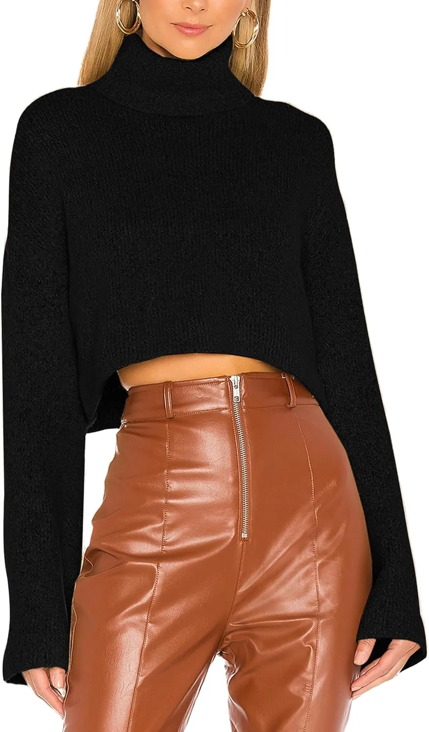 Jumppmile Women's Crop Sweater Turtleneck Long Sleeve Lightweight Fleece Cropped Pullover Sweater Top