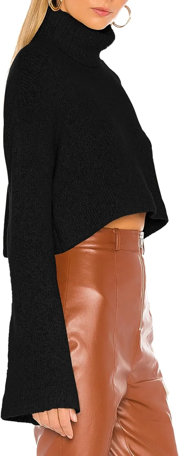 Jumppmile Women's Crop Sweater Turtleneck Long Sleeve Lightweight Fleece Cropped Pullover Sweater Top