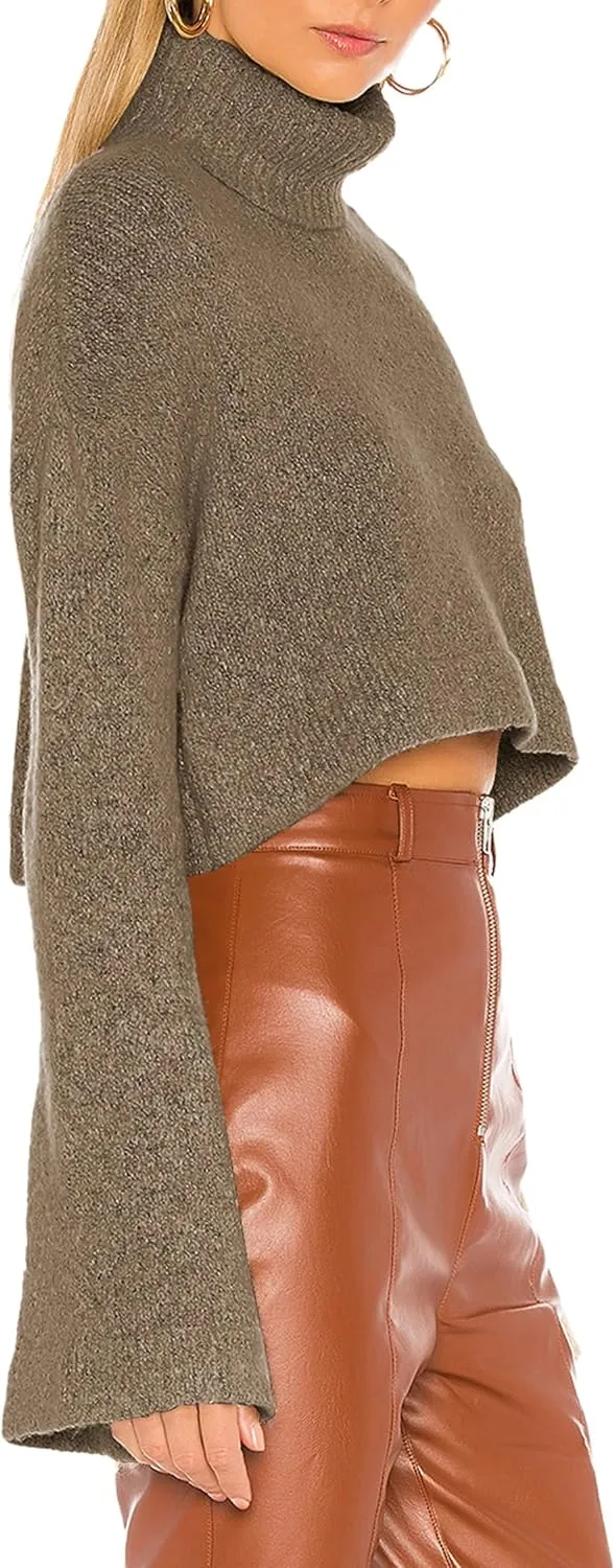 Jumppmile Women's Crop Sweater Turtleneck Long Sleeve Lightweight Fleece Cropped Pullover Sweater Top
