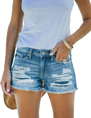 Jumppmile Womens Ripped Denim Shorts Mid Waisted Stretchy Frayed Raw Hem Denim Shorts
