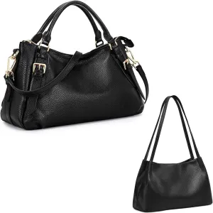 Kattee Leather Handbag & Satchel Set for Women(Black)  Soft Genuine Leather Shoulder Tote and Crossbody Bags with Adjustable Straps