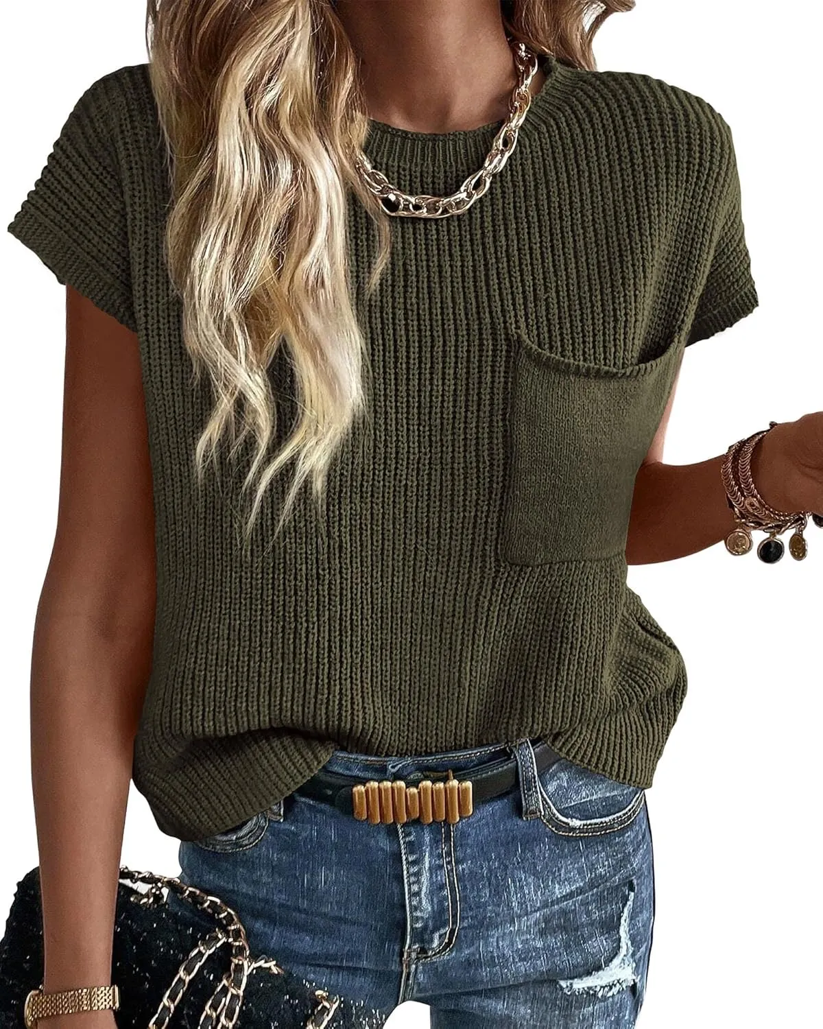 KIRUNDO Short Sleeve Sweater for Women 2025 Casual Sweater Vest Cotton Knit Pullover Tank Tops Trendy Spring Summer Outfits