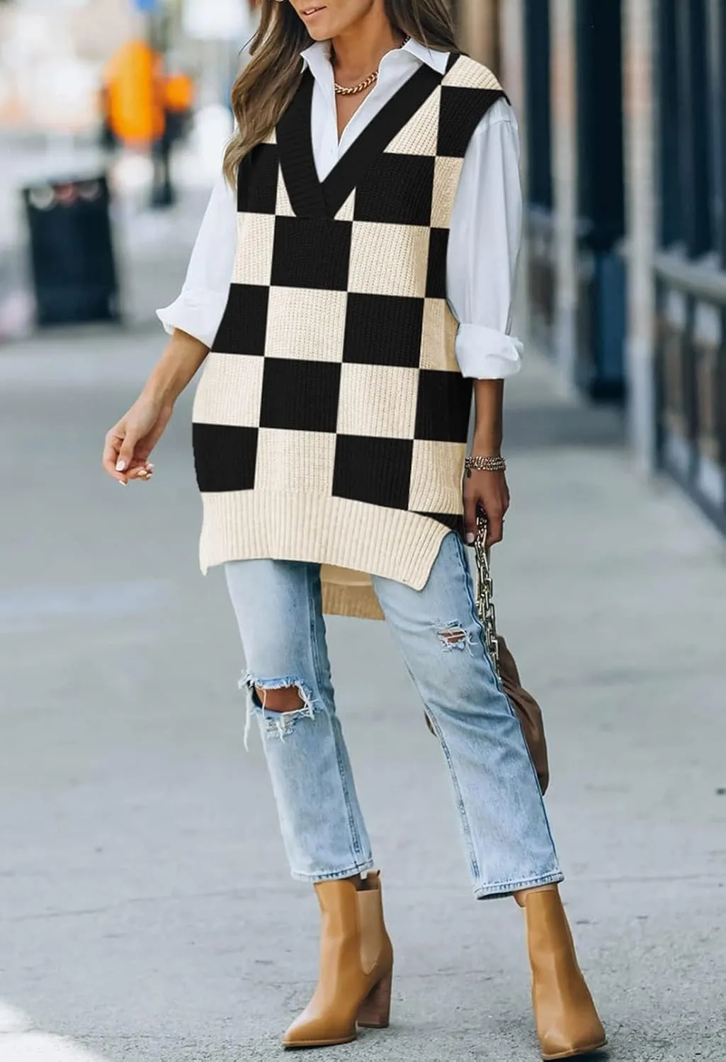 Kisscynest Women's Oversized V Neck Knitted Sweater Vest Casual Loose Sleeveless Sweater Pullover