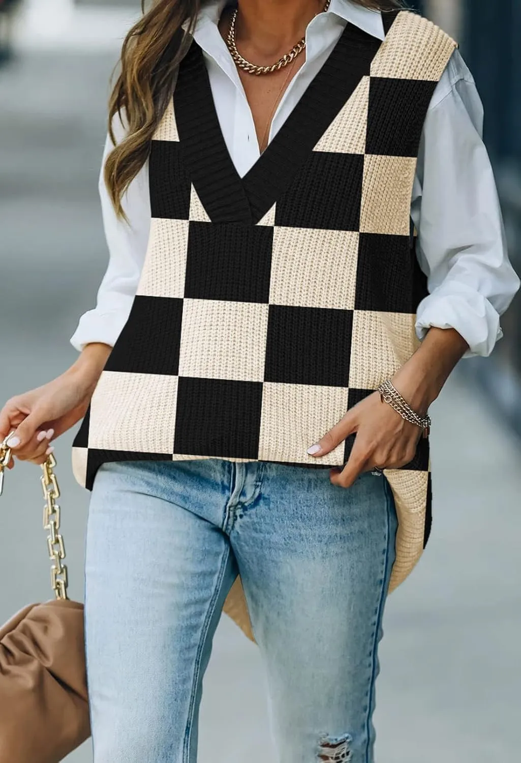 Kisscynest Women's Oversized V Neck Knitted Sweater Vest Casual Loose Sleeveless Sweater Pullover