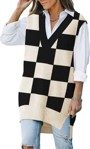 Kisscynest Women's Oversized V Neck Knitted Sweater Vest Casual Loose Sleeveless Sweater Pullover