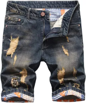 Lavnis Men's Moto Biker Jeans Shorts Ripped Distressed Denim Shorts with Broken Hole