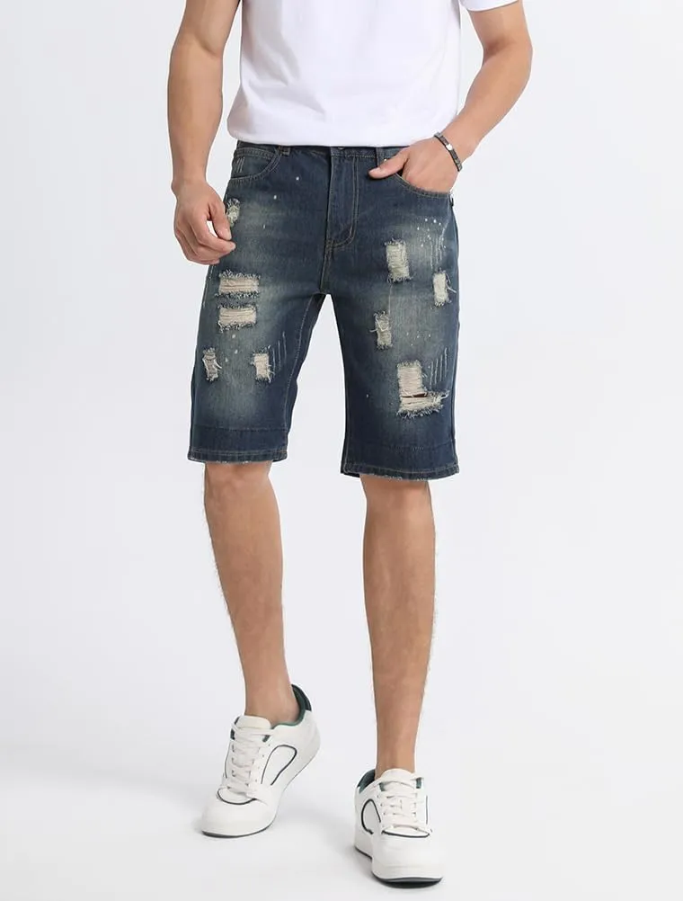 Lavnis Men's Moto Biker Jeans Shorts Ripped Distressed Denim Shorts with Broken Hole