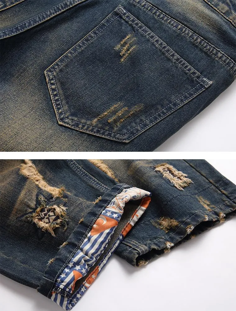 Lavnis Men's Moto Biker Jeans Shorts Ripped Distressed Denim Shorts with Broken Hole