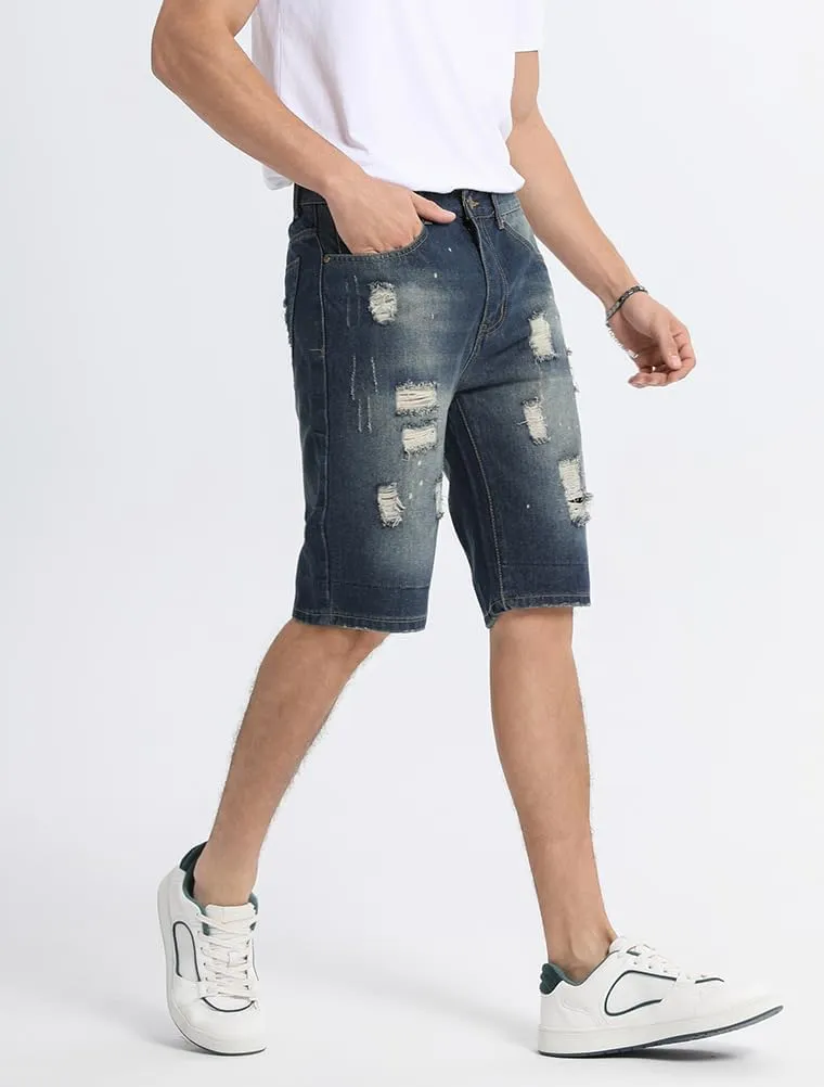 Lavnis Men's Moto Biker Jeans Shorts Ripped Distressed Denim Shorts with Broken Hole
