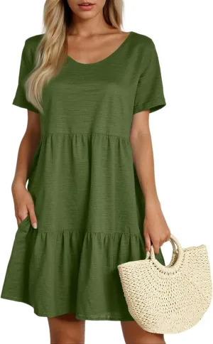lcyhony Summer Dresses for Women 2025 Vacation Beach Short Sleeve Tshirt Dress Y2k Loose fit Scoop Neck Tiered Mini Sundress