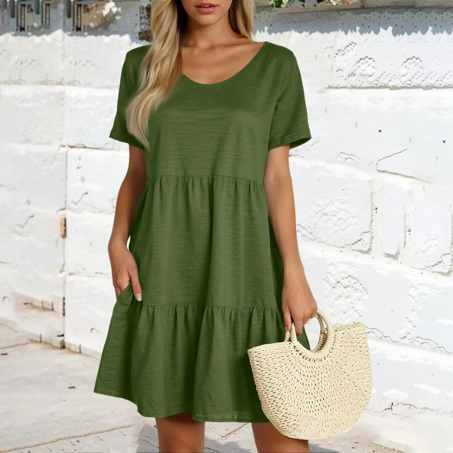 lcyhony Summer Dresses for Women 2025 Vacation Beach Short Sleeve Tshirt Dress Y2k Loose fit Scoop Neck Tiered Mini Sundress