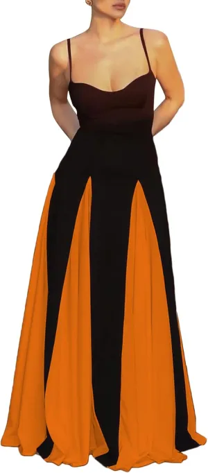 LETSVDO Women's Spaghetti Strap Color Block Dress Sleeveless Corset Patchwork Pleated Flowy Prom Party Maxi Dresses