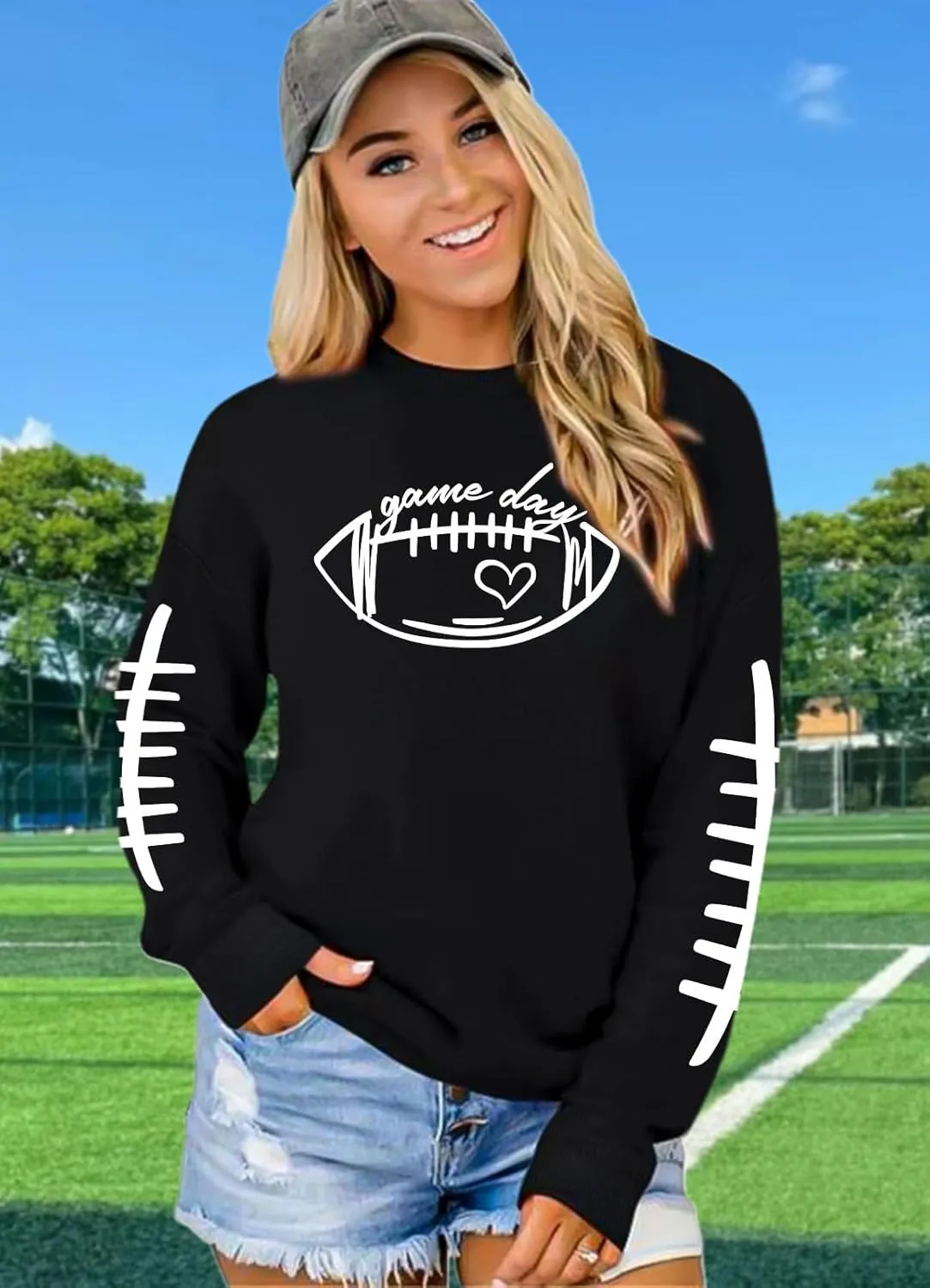 LHBNK Game Day Sweatshirts for Women Football Sweatshirts Funny Football Graphic Crewneck Long Sleeve Pullover Tops