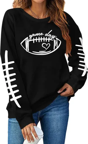 LHBNK Game Day Sweatshirts for Women Football Sweatshirts Funny Football Graphic Crewneck Long Sleeve Pullover Tops