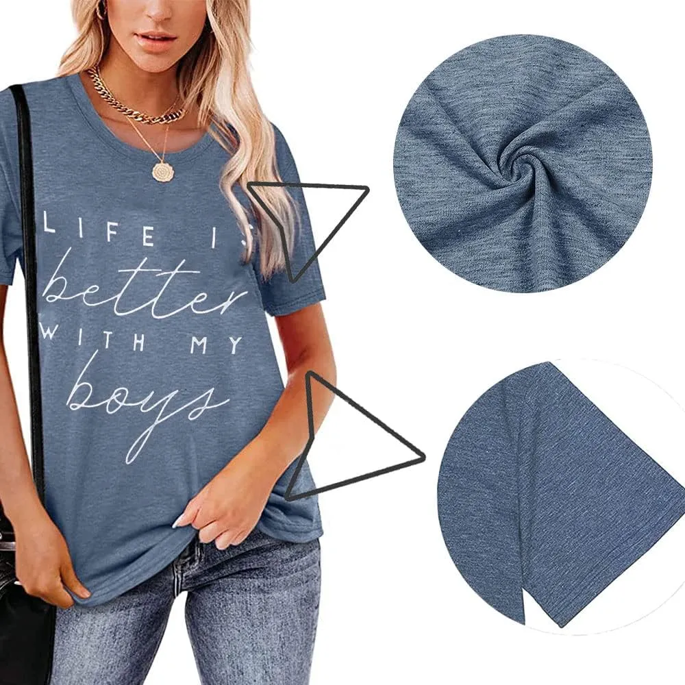 Life is Better with My Boys Women Funny Mom Gift Shirts Graphic Summer Short Athletic Casual Workout Tops