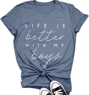 Life is Better with My Boys Women Funny Mom Gift Shirts Graphic Summer Short Athletic Casual Workout Tops