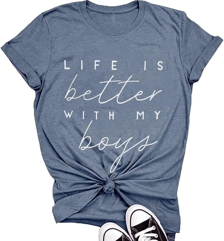 Life is Better with My Boys Women Funny Mom Gift Shirts Graphic Summer Short Athletic Casual Workout Tops