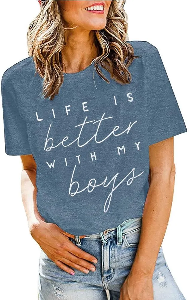 Life is Better with My Boys Women Funny Mom Gift Shirts Graphic Summer Short Athletic Casual Workout Tops