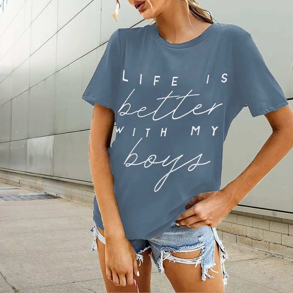 Life is Better with My Boys Women Funny Mom Gift Shirts Graphic Summer Short Athletic Casual Workout Tops