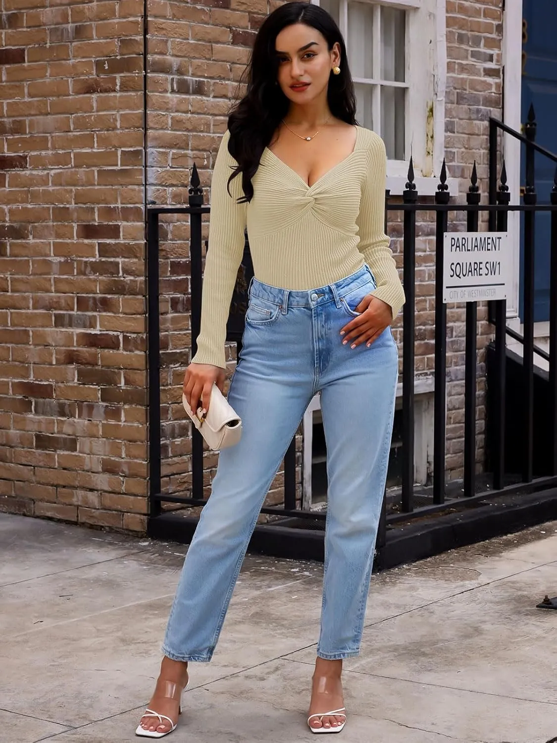 LILLUSORY Women's 2025 Twist Knot Fall Clothes Fashion Outfits Top Ribbed Long Sleeve