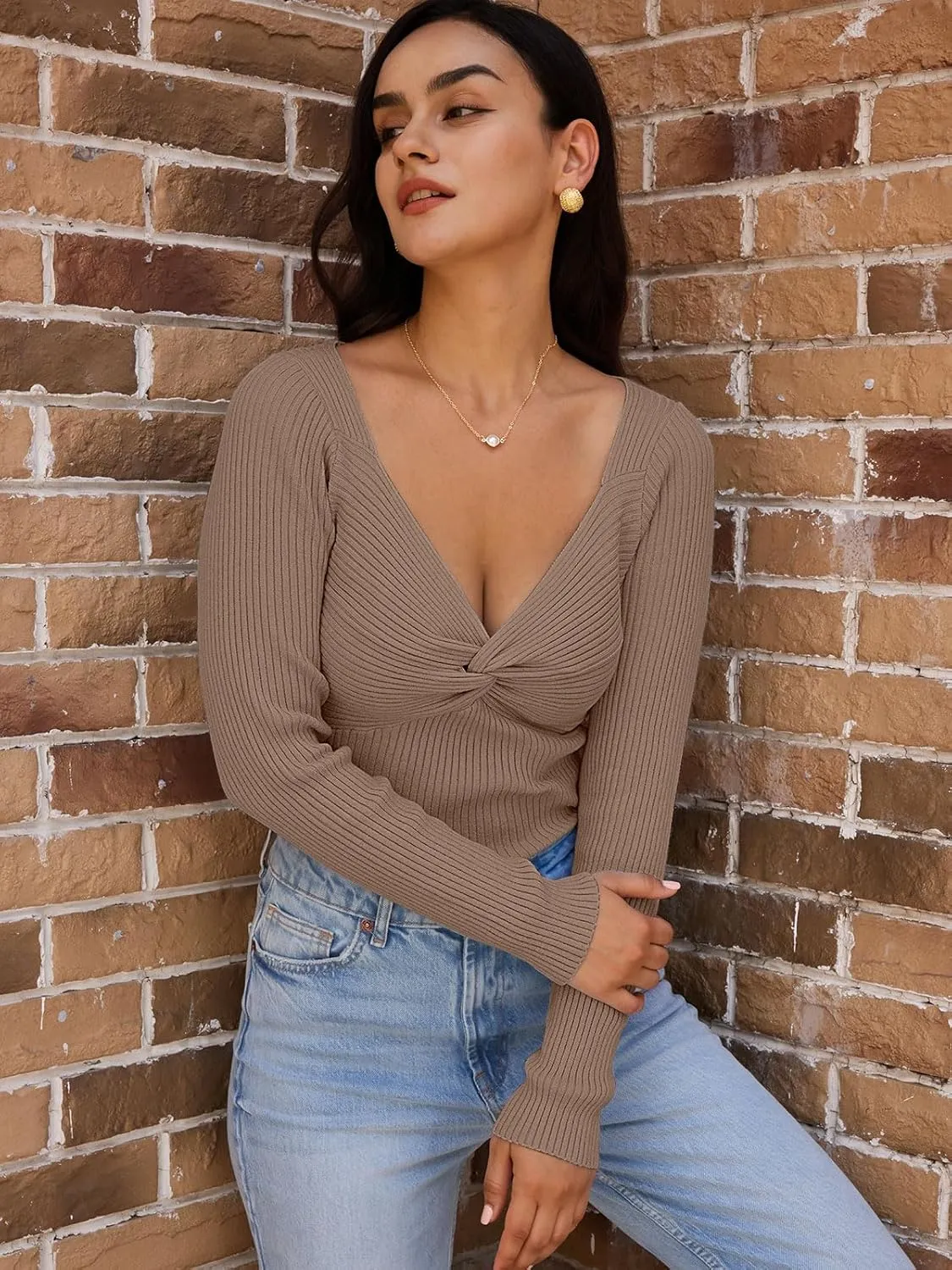 LILLUSORY Women's 2025 Twist Knot Fall Clothes Fashion Outfits Top Ribbed Long Sleeve